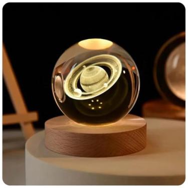 Imagem de Luminária Bola de Cristal, Mesa Sistema Solar Saturno Lua Galáxia LED Base Madeira Enfeite Decorativo Casa(Lua)