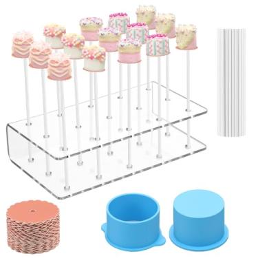 Imagem de Honeydak Kit de molde de bolo circular com um suporte de 15 furos para exibição de bolo, 100 palitos de pirulito, 1 molde de silicone antiaderente, 100 tábuas rosa, adequado para assar festas