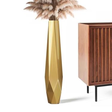 Imagem de Rocendlor Vasos altos – Vaso alto de 69,8 cm para decoração de casa, vaso de resina com estilo geométrico dimensional feito à mão, cabe em feno/grama pampa, decoração de sala de estar boho (ouro)