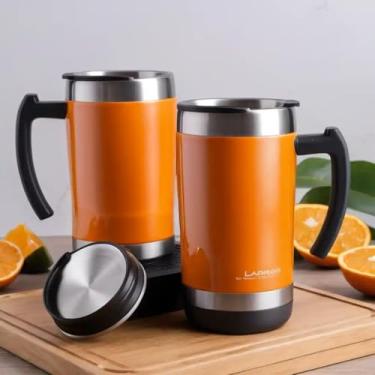 Imagem de Caneca Térmica Parede Dupla em Aço Inox Laranja 850ml com Base Antiderrapante - Estilo Liso