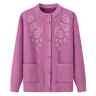 Imagem de Bordado Floral Cardigan De Tricô Para Mulheres De Meia-idade E Idosas, Cardigan De Manga Longa Com Bolso Solto Tamanho Grande, Purple, XL