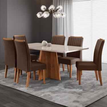 Imagem de Conjunto de Sala de Jantar 160x77,8cm Tampo com Vidro e 6 Cadeiras Tannat Mel / Off White / Marrom