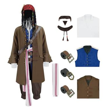 Imagem de GVLAQST Fantasia masculina de pirata, casaco de capitão, colete, calça, cinto, peruca, cavanhaque, contas, tema renascentista, roupa de festa, marrom, 3GG