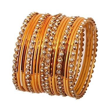 Imagem de Touchstone pulseiras coloridas Pulseiras de liga de metal de Bollywood indiana e pulseiras de joias de designer amarelas douradas texturizadas. Conjunto de 18. Em tom dourado antigo para mulheres.