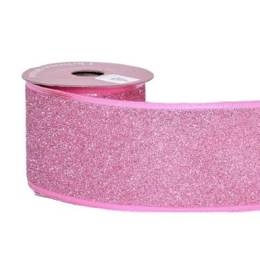 Imagem de YAMA Fita com glitter rosa claro para árvore de Natal 6,3 cm x 10 metros, fita metálica brilhante de Natal com fio para embrulho de presente, festa de casamento, laços de artesanato DIY e buquê de