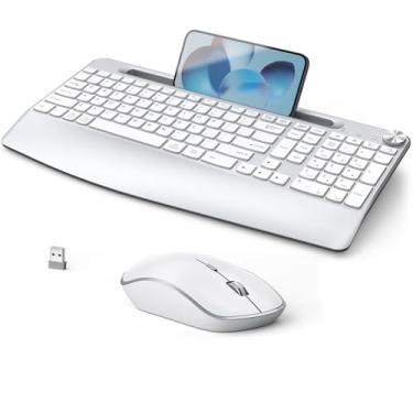 Imagem de JOYACCESS Combo de teclado ergonômico sem fio, teclado sem fio de tamanho completo projetado com suporte de telefone e descanso de pulso, rolo de volume para computador, Mac, PC, laptop, prata