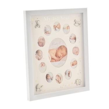 Imagem de Happy Homewares Moldura para fotos Bambino com várias aberturas para colagem de madeira do primeiro ano com ícones prateados - perfeita para uma família com um