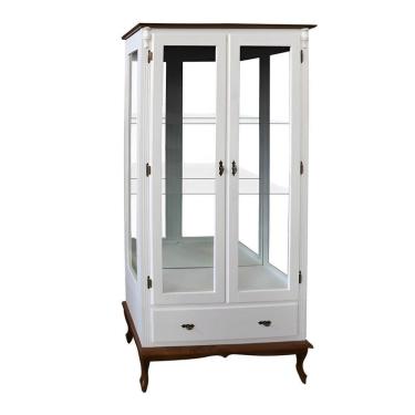 Imagem de Cristaleira Rústica De Madeira 2 Portas E 1 Gaveta - Pés Luiz Xv - Branco Laca Com Tampo E Base Imbuia Glazer