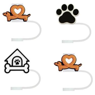 Imagem de STRACOUPI Tampa de palha de silicone Dachshund Love Heart para copos Stanley, acessório decorativo reutilizável, pacote com 4