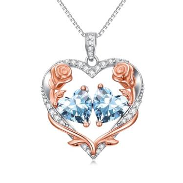 Imagem de Zoeniya Colar de coração rosa para mulheres banhado a ouro branco 18 k 12 meses com pedra do mês de nascimento, presente de aniversário e Natal para sua esposa, namorada, 25mm, base, Zircônia cúbica