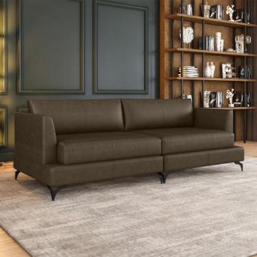 Imagem de Sofá Living Bipartido 230cm Indonésia Pés de Ferro Couro Marrom Mancha