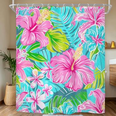 Imagem de Riyidecor Cortina de chuveiro floral rosa choque tropical para decoração de banheiro 72Lx78H azul folha de palmeira flor planta ervas verdes mostera arte botânica tecido impresso poliéster impermeável
