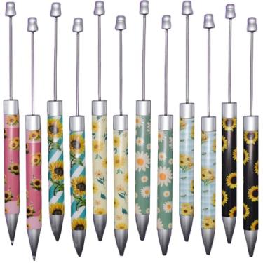 Imagem de Maydahui 42 canetas esferográficas com contas de flores retráteis girassol crisântemo caneta novidade eixo de plástico com contas de tinta preta para fazer você mesmo, escola, festa, escritório