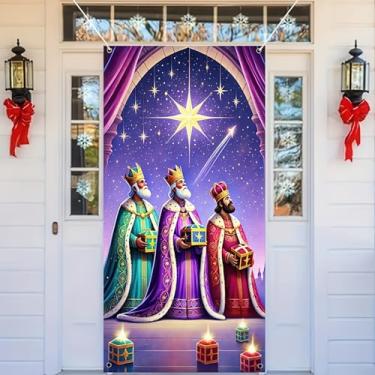 Imagem de BlissYard Feliz Natal, capa de porta de três homens sábios, pano de fundo, três reis, nascimento cristão de Jesus, religioso, belém, manjedoura, cenário, decoração de fotos, adereços para sessão de
