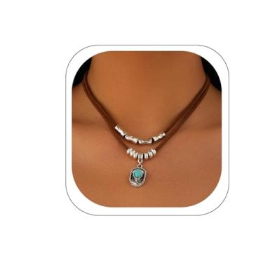 Imagem de PLwelth Colares Boho para mulheres, colares com pingente em camadas ocidentais, vintage, de couro, prata, com contas, chapéu de caubói, colar com pingente, joias turquesa, joias de concerto