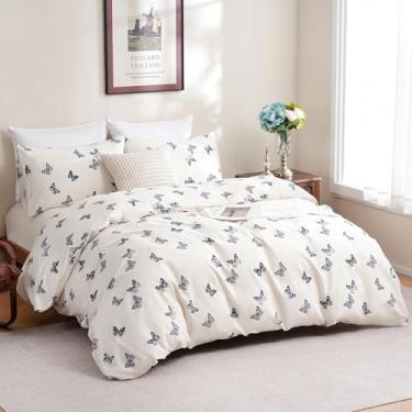 Imagem de Cozaline Conjunto de capa de edredom de borboleta, tamanho Queen, 100% algodão, capa de edredom com estampa de borboleta fofa com fecho de zíper, capa de edredom de algodão macio e leve