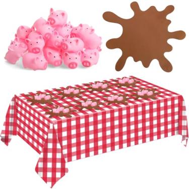 Imagem de FoldTier 33 peças de artigos de festa de aniversário de porco vermelho inclui mini jogo americano de borracha rosa porco enlameado poça de plástico descartável toalha de mesa xadrez para decorações de