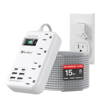 Imagem de Cabo de extensão de 6 USB (2 USB C) - cabo de extensão de 4,5 m com 6 estações de carregamento USB e 4 tomadas, cabo de extensão trançado longo com várias tomadas, suporte de parede para dormitório de