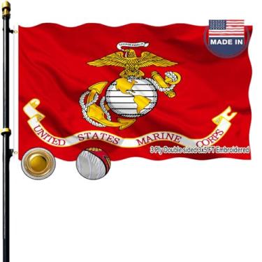 Imagem de Bandeira bordada do Corpo de Fuzileiros Navais 9,5 x 1,5 m - Costura dupla face com agulha dupla face, uso externo, resistente, 3 camadas, durável, bandeira USMC com cabeçalho de lona/ilhós de latão