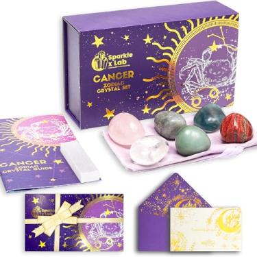 Imagem de Sparkle x Lab Conjunto de presentes de cristais de câncer signos do zodíaco conjunto de cristais de cura pedras de nascimento, cristais de astrologia de câncer, pedras curativas, presentes para ela