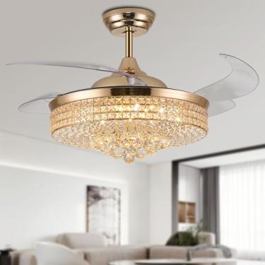 Imagem de TRSIOPFC Lustre de cristal regulável de 52 polegadas, ventiladores de teto com luz, ventilador de lustre com controle remoto para quarto/sala de estar, ouro polido