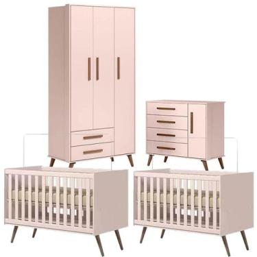 Imagem de Quarto de Bebê Kit Gemeos com Guarda Roupa 3 Portas, Cômoda e 2 Berço 