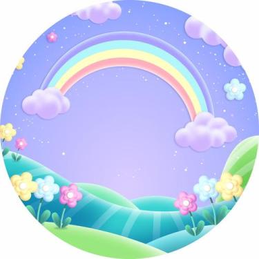 Imagem de Painel de Lona Redondo Arco Íris Nuvens Campo Florido - Fabrika de Fes
