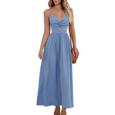 Imagem de Vestido longo CUPSHE, decote em V, sem mangas, torcido, azul, raiom