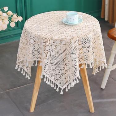 Imagem de Wuluwala Toalha de mesa quadrada pequena vintage de crochê com borlas, toalha de mesa de algodão feita à mão, toalha de mesa de renda de macramê para decoração de cozinha, estilo 1, 129,5 x 129,5 cm