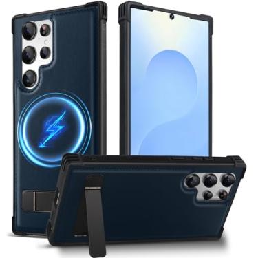 Imagem de KEZiHOME Capa para Samsung Galaxy S23 Ultra, capa magnética mais forte com suporte, couro genuíno premium à prova de choque TPU proteção bumper design para Samsung S23 Ultra (azul)