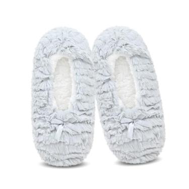 Imagem de DICUIRD Meias femininas aconchegantes e quentes de sola macia com aderência, forro de lã felpuda, chinelos de casa com parte inferior antiderrapante, Cinza, 5-7.5