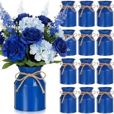 Imagem de Domensi Vaso de flores de metal para casa de fazenda, 12 peças, 12 peças, jarro de leite galvanizado, com arco de barbante, baldes de flores rústicos para mesa floral, centro de mesa, decoração de