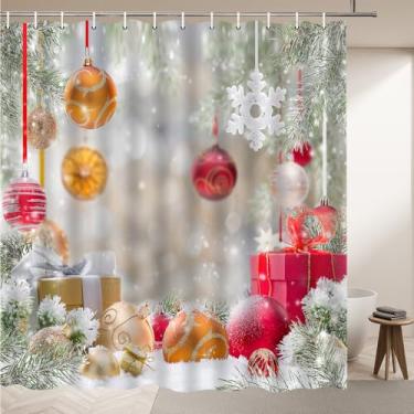 Imagem de NYJSMYG Cortinas de chuveiro de Natal, bolas de corda, ramos de pinheiro, flocos de neve, vestido de Natal, inverno, ano novo, alegria, tema de férias, decoração de banheiro, conjuntos de cortinas de