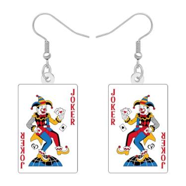Imagem de LONYOO Brincos divertidos de palhaço de pôquer, brincos pendentes de cartas de baralho de acrílico, presentes de coringa para mulheres jogadoras de pôquer, roupas noturnas de cassino, acessórios de