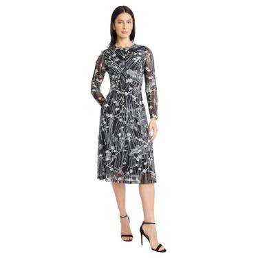 Imagem de Maggy London Vestidos femininos de manga comprida e gola redonda midi elegantes para convidados de casamento, Preto/Marfim, 42