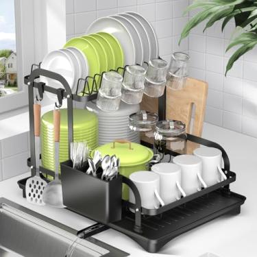 Imagem de Escorredor de pratos grande para balcão de cozinha, organizador de escorredor de pratos de 2 camadas com suporte de utensílios/ganchos e drenagem, organizadores de cozinha de aço inoxidável e