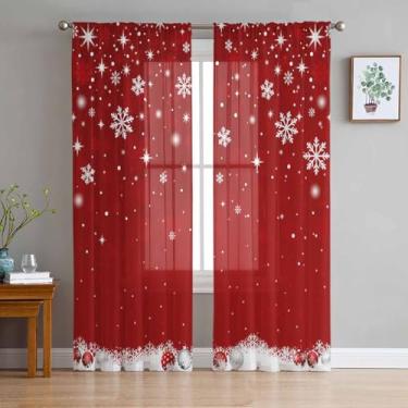 Imagem de Conjunto de cortinas transparentes de Natal de 203 cm de comprimento com 2 painéis para sala de estar/quarto, bola de Natal vermelha para inverno ano novo, semicortinas, cortinas com bolso para varão
