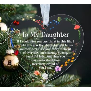 Imagem de MWS9xDesigns Enfeite de Natal em acrílico to My Daughter - Guirlanda floral em forma de coração com citação de mãe amorosa - Lembrança de Natal - Decoração de árvore de Natal - Presente para filha
