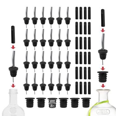 Imagem de Pacote com 24 garrafas de aço inoxidável para bebidas alcoólicas – 24 tampas de poeira e 6 adaptadores – Bocal sem gotejamento – Bicos para bebidas alcoólicas e barmans – Bico de velocidade de ajuste