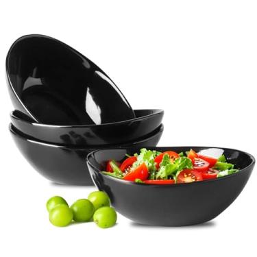Imagem de Hasense Tigelas de servir, tigelas de salada de 800 ml, conjunto de 4 pratos de porcelana para saladas, cereais, sopas, massas, micro-ondas e lava-louças, preto