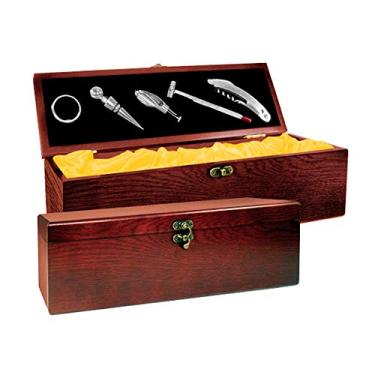Imagem de Kit Porta Vinho Luxo 5 Acessórios Inox e Caixa De Madeira