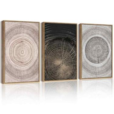 Imagem de PHOPAGO Argolas de árvore vintage moldura de madeira arte de parede grande 40,6 x 61 cm decoração de parede de toco de madeira retrô moderna natureza fazenda impressões de arte rústica sala de estar