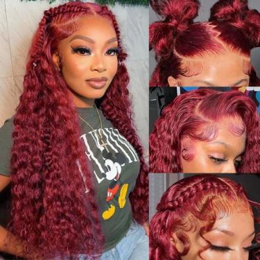 Imagem de Perucas frontais de renda Hedy 99J Burgundy Deep Wave 70 cm 180% de de