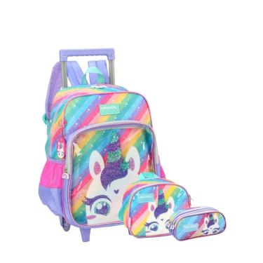 Imagem de Kit Escola Unicórnio Luxo Mochila Rodas Lancheira Estojo Ll