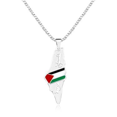 Imagem de Tobestu Colar com pingente de cores da bandeira da Palestina - Joias masculinas do orgulho do mapa do Oriente Médio, acessório diário inspirado no patrimônio YA5138, Aço inoxidável, Sem Pedra Preciosa