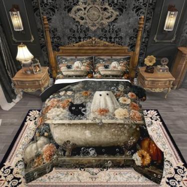 Imagem de Erosebridal Conjunto de edredom casal de fantasma vintage, boêmio, floral, boêmio, para decoração de quarto de Halloween, gato fantasma místico, colcha artística de banho de espuma assustadora