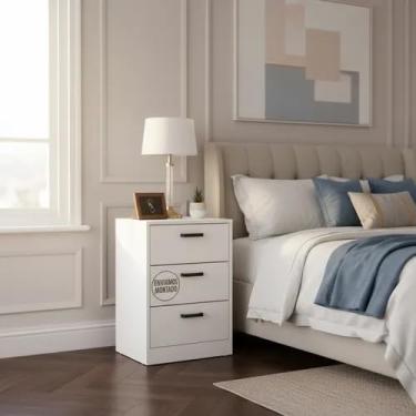 Imagem de Mesa De Cabeceira Branca 40cm com 3 Gavetas Para Quarto Lateral de Cama e Escritório Gaveteiro Organizador Já Montado (Sem Rodinhas, Puxador Arquivo)