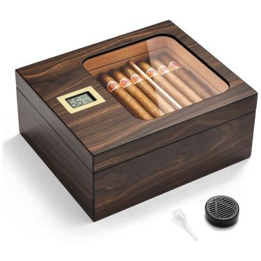 Imagem de Umidor de Charutos OTAKOKIT, Caixa de Cedro com Design Moderno de Vidro e Higrômetro Digital, Umidificador, Bandeja e Divisor de Cedro