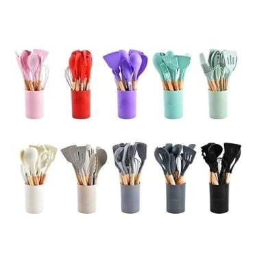 Imagem de Conjunto De Cozinha – Kit De 5/12 Peças De Utensílios De Silicone Antiaderente, Com Cabos De Madeira Resistentes Ao Calor E Ideal Para Panelas Antiaderentes(Kit 12 Aleatorio)