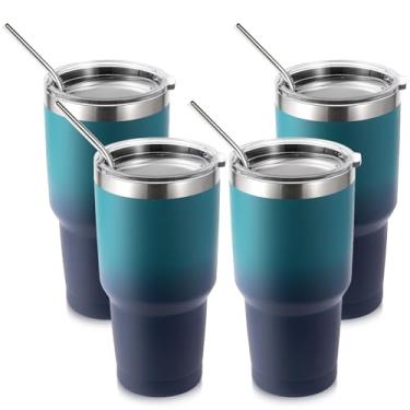 Imagem de Volhoply Copo isolante de 900 ml com tampa e canudo 4 pacotes, canecas de café de viagem de parede dupla para bebidas quentes/frias, cabe no porta-copos de carro, sem BPA (preto noturno, 4